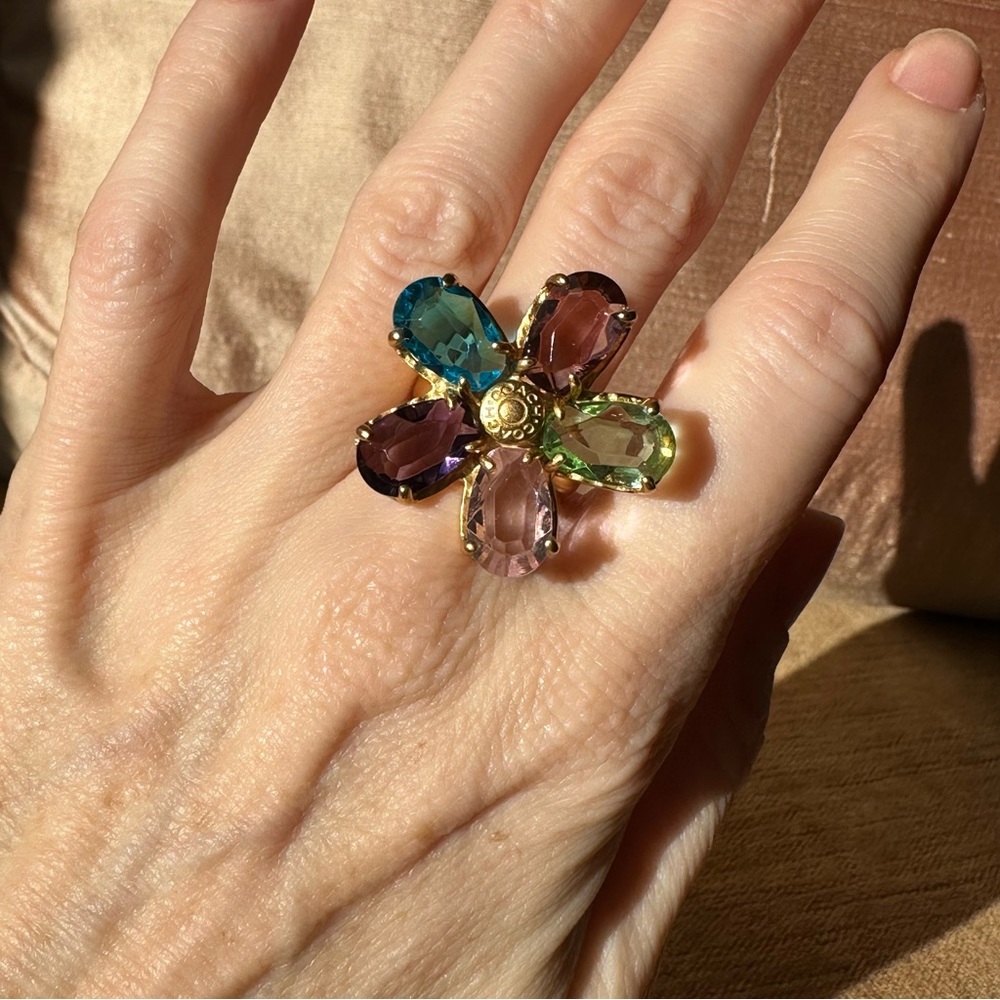 Coach multicolor crystal/gold-tone flower ring, size 7
